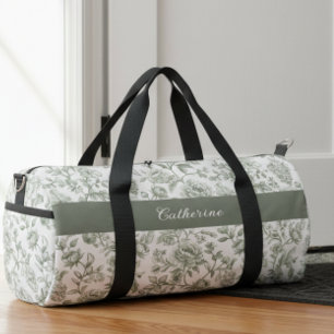 Sage Green Floral Vintage Toile Monogram Name Duffle Bag