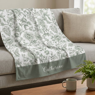 Sage Green Floral Vintage Toile Monogram Name Fleece Blanket