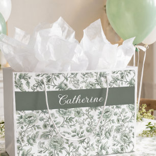 Sage Green Floral Vintage Toile Monogram Name Large Gift Bag
