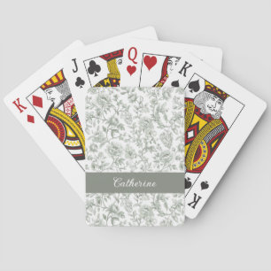 Sage Green Floral Vintage Toile Monogram Name Playing Cards