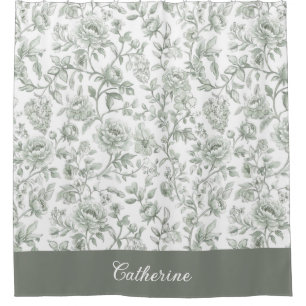 Sage Green Floral Vintage Toile Monogram Name Shower Curtain