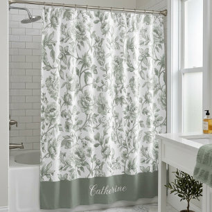 Sage Green Floral Vintage Toile Monogram Name Shower Curtain