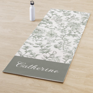Sage Green Floral Vintage Toile Monogram Name Yoga Mat