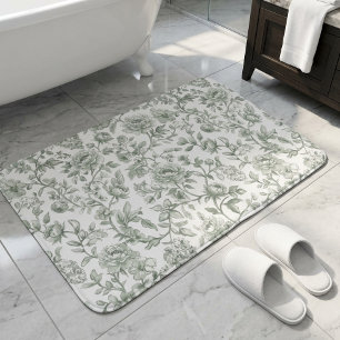 Sage Green Floral Vintage Toile Pattern  Bath Mat