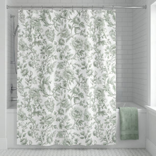 Sage Green Floral Vintage Toile Pattern  Shower Curtain