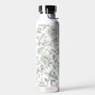 Sage Green Floral Vintage Toile Pattern Water Bottle