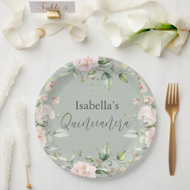 Sage Green Floral Watercolor Quinceañera Paper Paper Plate (Wedding)