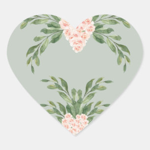Sage Green Floral Watercolor Romantic Wedding Heart Sticker
