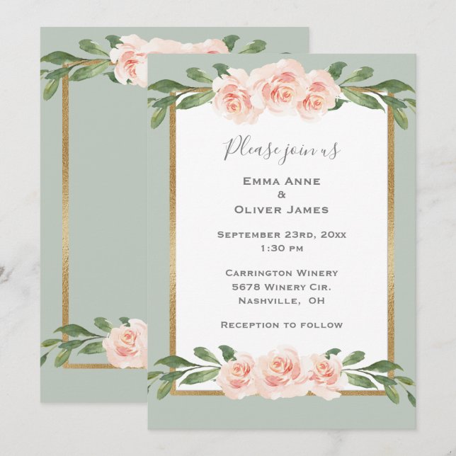 Sage Green Floral Watercolor Romantic Wedding Invitation (Front/Back)