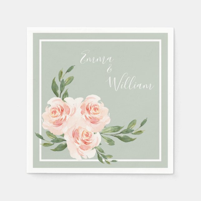 Sage Green Floral Watercolor Romantic Wedding Napkin (Front)