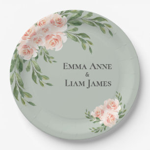 Sage Green Floral Watercolor Romantic Wedding Paper Plate