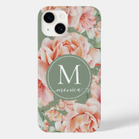 Sage Green Floral Watercolor Rose Pattern Monogram