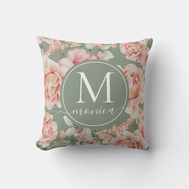 Sage Green Floral Watercolor Rose Pattern Monogram Cushion (Front)