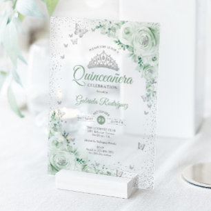 Sage Green Floral Watercolor Roses Quinceanera Acrylic Invitations