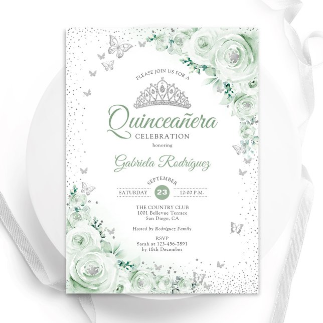 Sage Green Floral Watercolor Roses Quinceanera Invitation (Creator Uploaded)