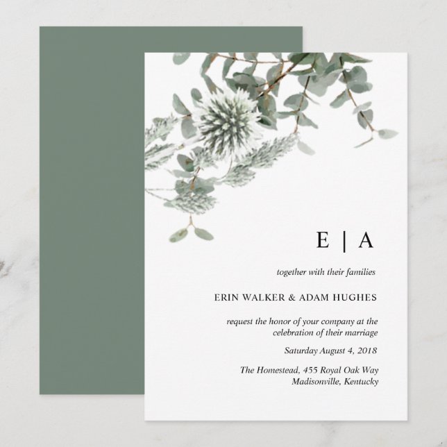 Sage green floral watercolor wedding invitation (Front/Back)