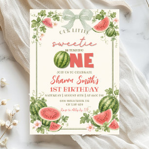 Sage Green Floral Watermelon First Birthday Invitation