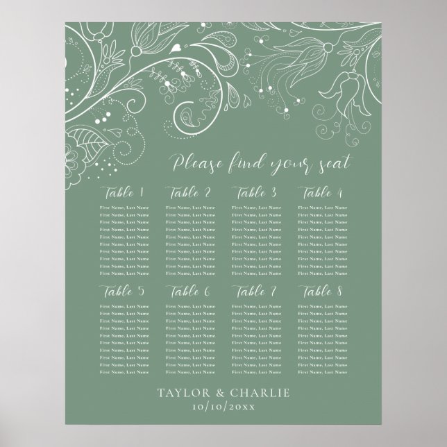 Sage Green Floral Wedding 8 Tables Seating Chart (Front)