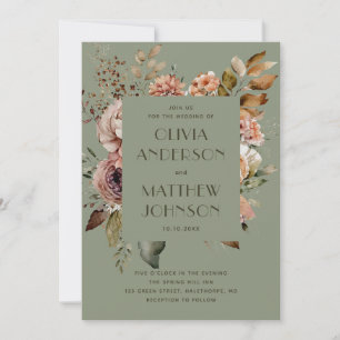 Sage Green Floral Wedding Botanical Garden + QR Invitation
