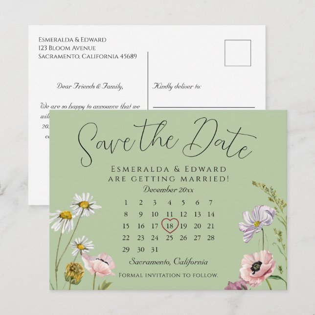 Sage Green Floral Wedding Calendar Save The Date Announcement Postcard (Front/Back)