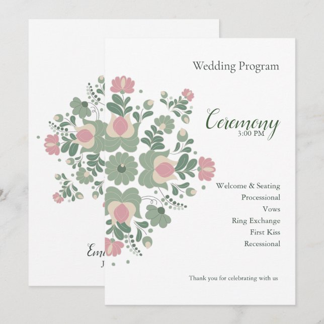 Sage Green Floral Wedding Ceremony Flat Program Programme (Front/Back)