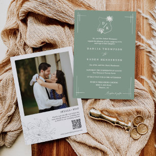 Sage Green Floral Wedding Crest QR Code Photo Invitation