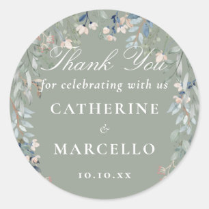 Sage Green Floral Wedding Favour Thank You Classic Round Sticker