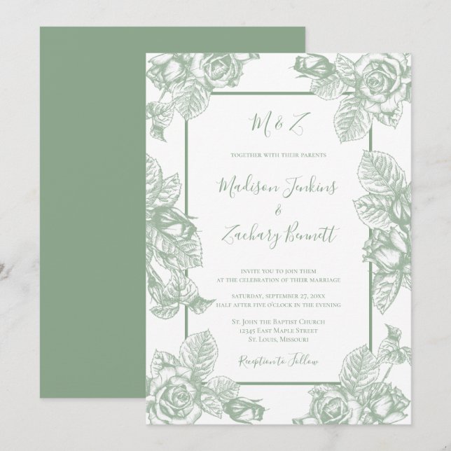 Sage Green Floral Wedding Invitation (Front/Back)