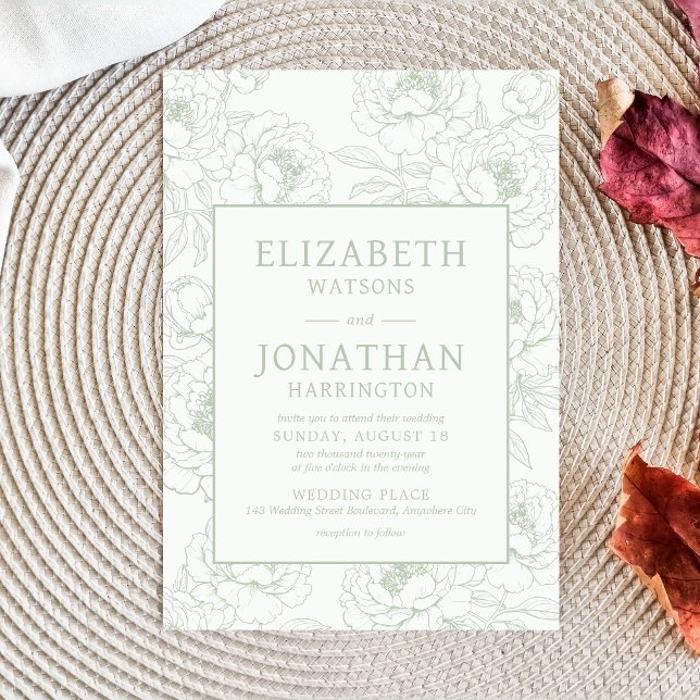 Sage Green Floral Wedding Invitation (Sage Green Minimalist Floral Wedding Invitation)
