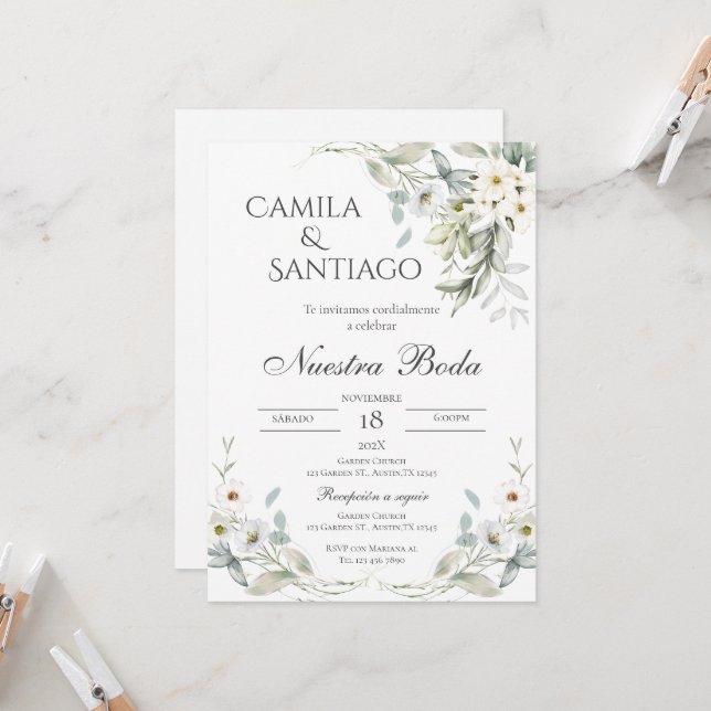 Sage Green Floral wedding invitation in Spanish (Front/Back In Situ)