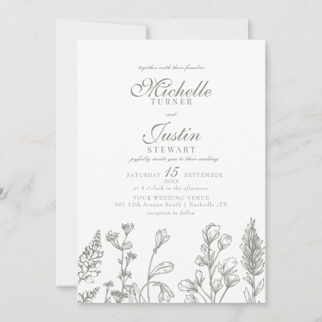 Sage Green Floral Wedding Invitations (Front)