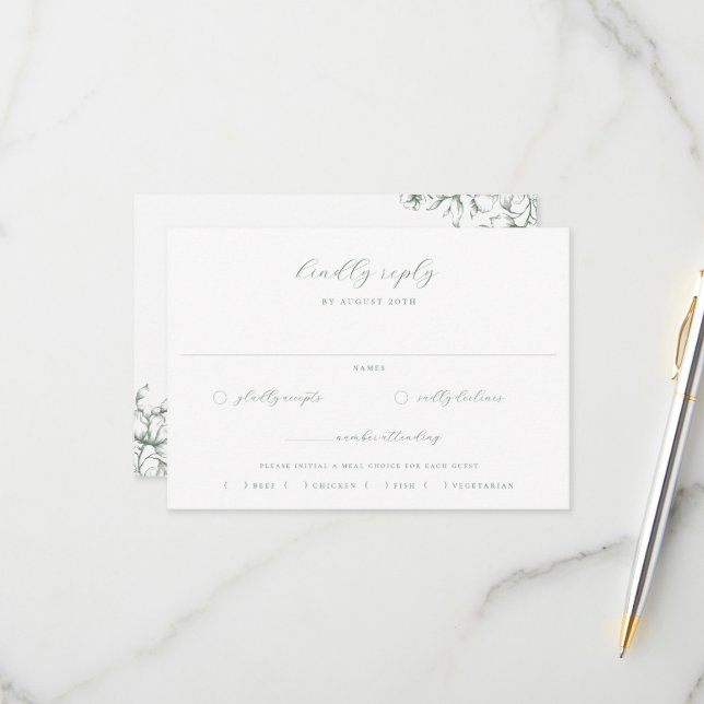 Sage Green Floral Wedding Meal Choice RSVP Card (Front/Back In Situ)