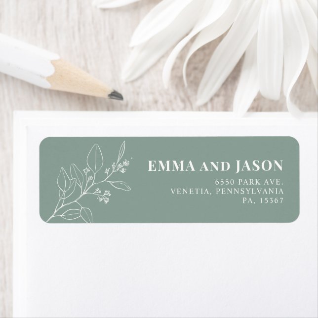 Sage Green Floral Wedding return address labels (Insitu)