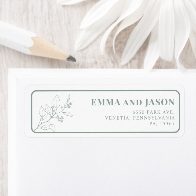 Sage Green Floral Wedding return address labels (Insitu)