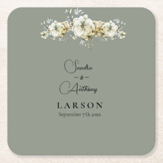 Sage Green Floral Wedding Square Paper Coaster