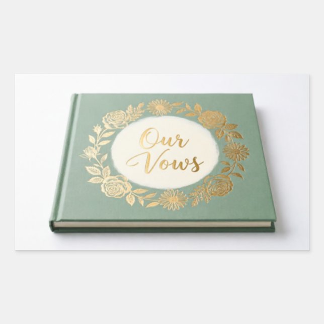 Sage Green Floral Wedding Vow Book - Elegant Gold  Rectangular Sticker (Front)