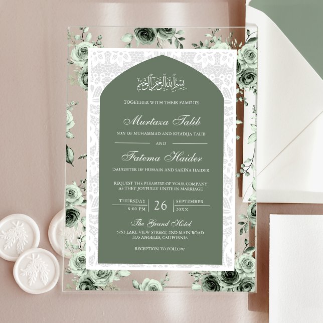 Sage Green Floral White Lace Arch Muslim Wedding Acrylic Invitations (Creator Uploaded)