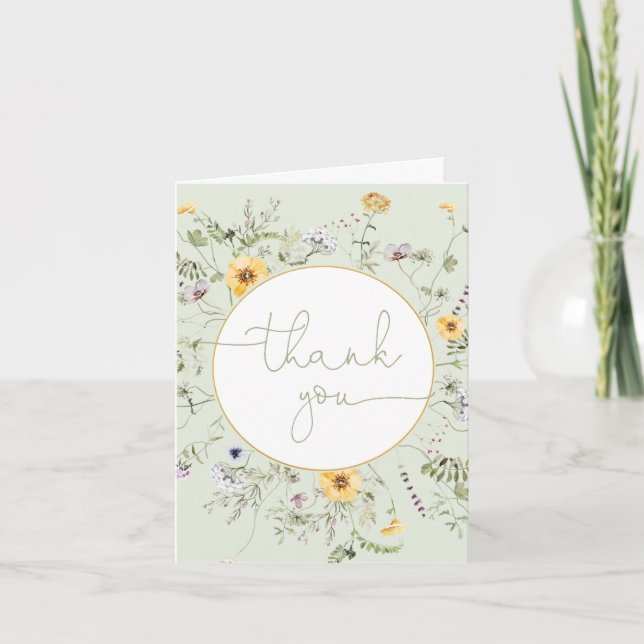 Sage green Floral wildflowers gender neutral Thank You Card (Front)