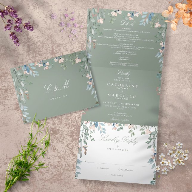 Sage Green Floral Wildflowers Photo Wedding Tri-Fold Invitation (Creator Uploaded)