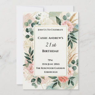 Sage Green Floral Wreath Birthday Invitation