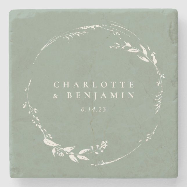Sage Green Floral Wreath Monogram Personalised  Stone Coaster (Front)