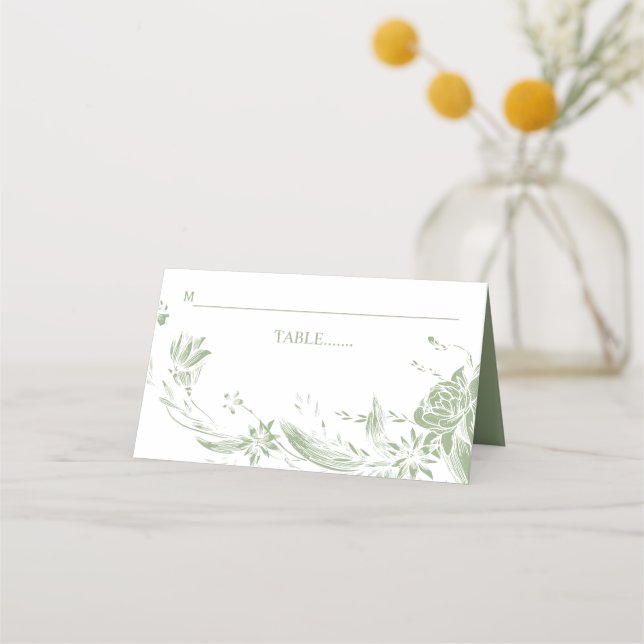 Sage green flower arrangement wedding place card (Front)