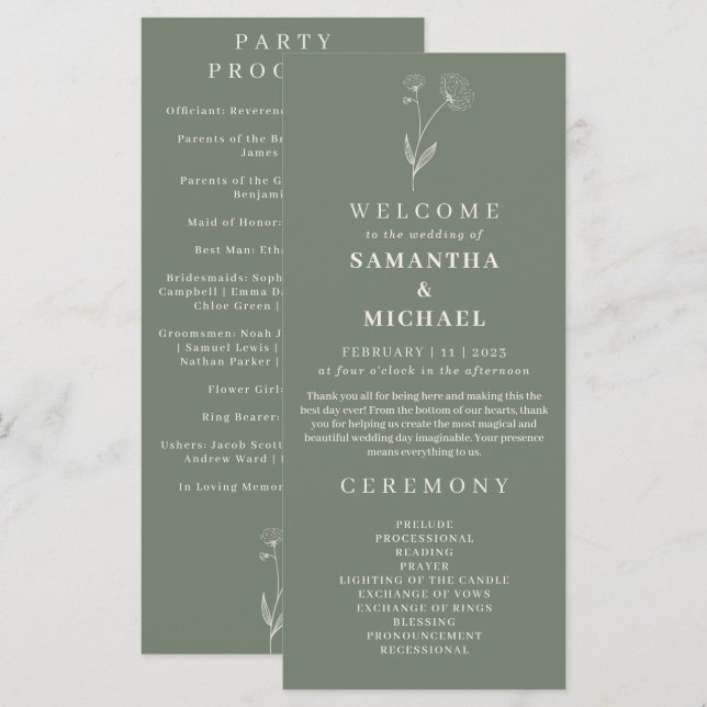Sage Green Flower Cotton Floral Wedding Program Menu (Front/Back)