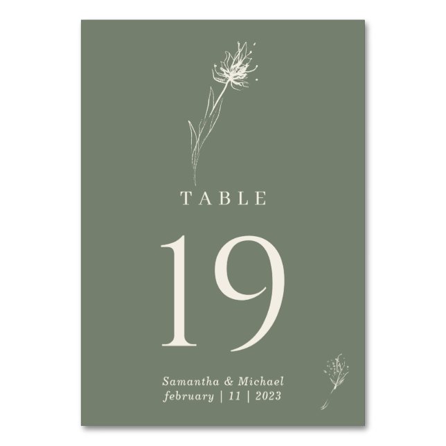 Sage Green Flower Dandelion Wedding Table Number (Front)