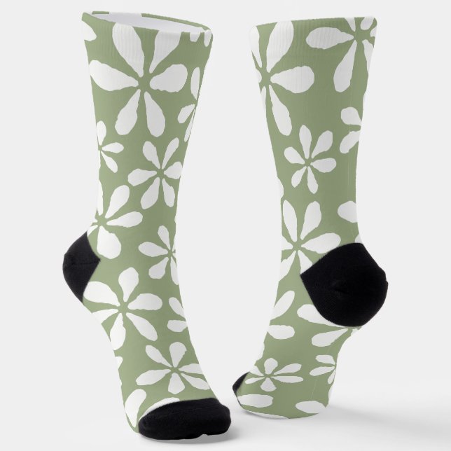 Sage Green Flower Pattern Modern Pretty Floral Socks (Angled)