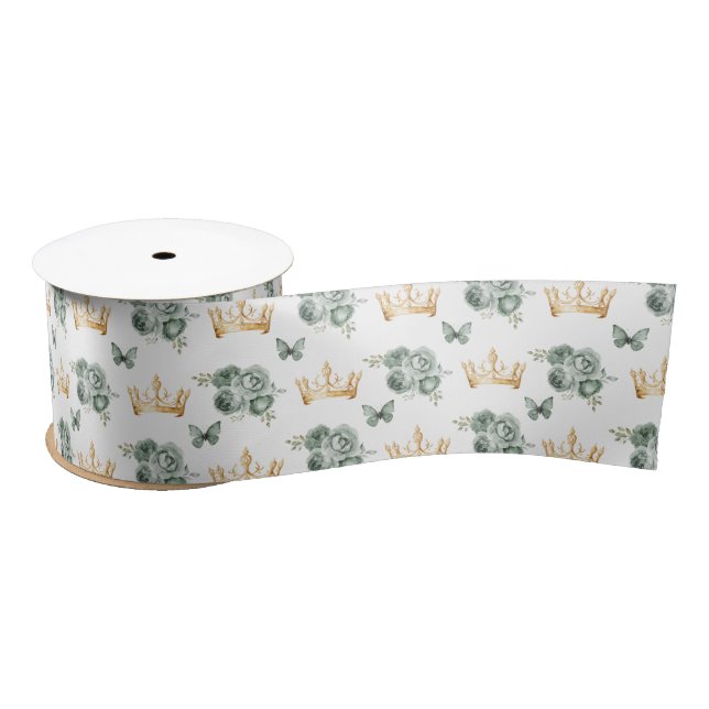 Sage Green Flowers and Gold Crowns Satin Ribbon (Spool)