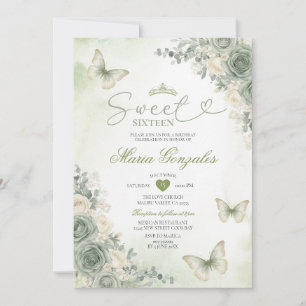 Sage Green Flowers Butterfly Girl Sweet Sixteen Invitation