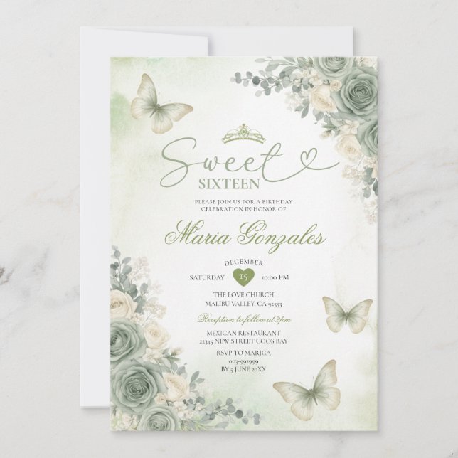 Sage Green Flowers Butterfly Girl Sweet Sixteen Invitation (Front)