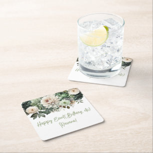 Sage Green Flowers Floral Party Square Paper Coaster