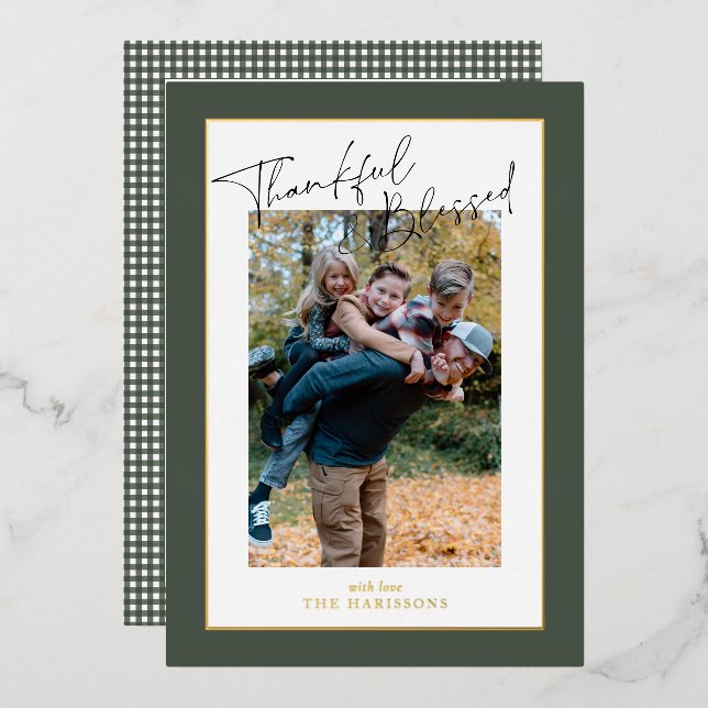 Sage Green foil gingham Thanksgiving family photo  Foil Holiday Card (Front/Back)